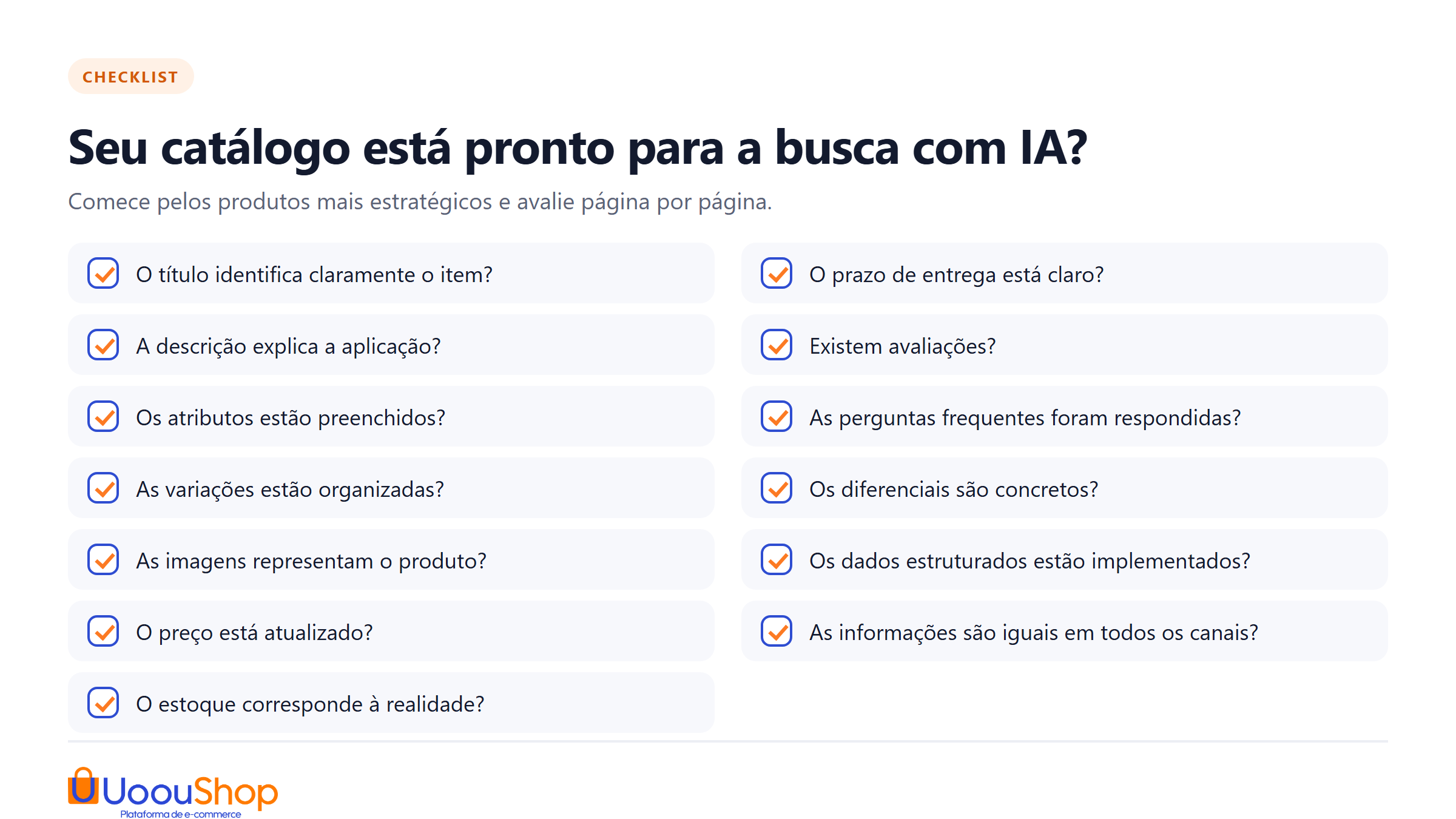 checklist de treze perguntas para revisar o catálogo para buscas com inteligência artificial